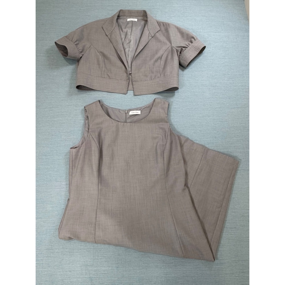 Calvin Klein Dress & Jacket Set Womens 12 Grey Excellent Cropped Bolero Sheath